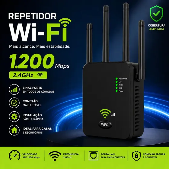 Repetidor De Sinal Wi-fi Roteador 4 Antenas Wireless 1200mbps Amplificador Extensor Longo Alcance E Alta Performance Turbo Sem Fio Preto