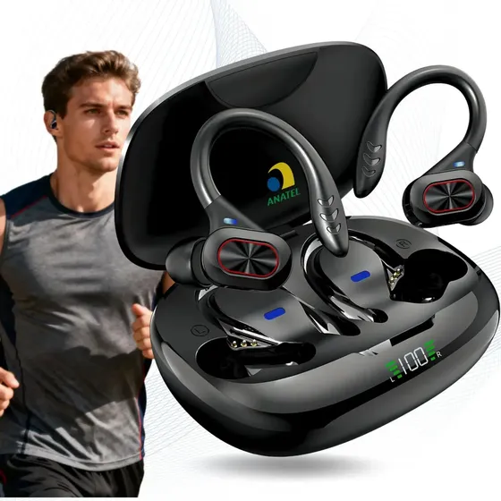 Fone de Ouvido JSKJ S730 TWS Bluetooth 5.4 Com Gancho Esportivo e LED