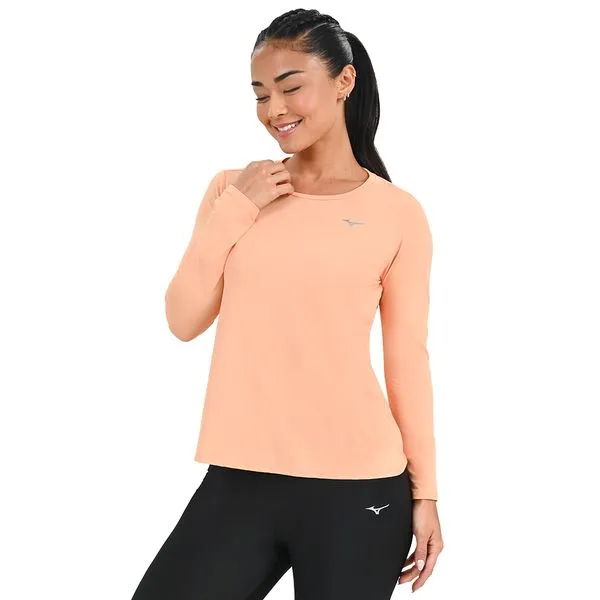 Camiseta Manga Longa de Corrida Feminina Mizuno Pro Uv +50 P Laranja