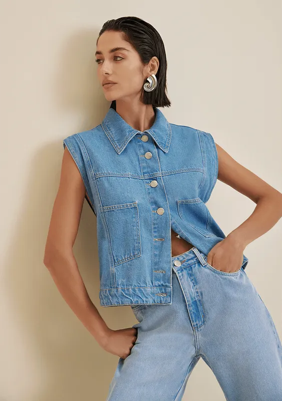 Colete Morena Rosa Alongado Detalhe Franjas Jeans M