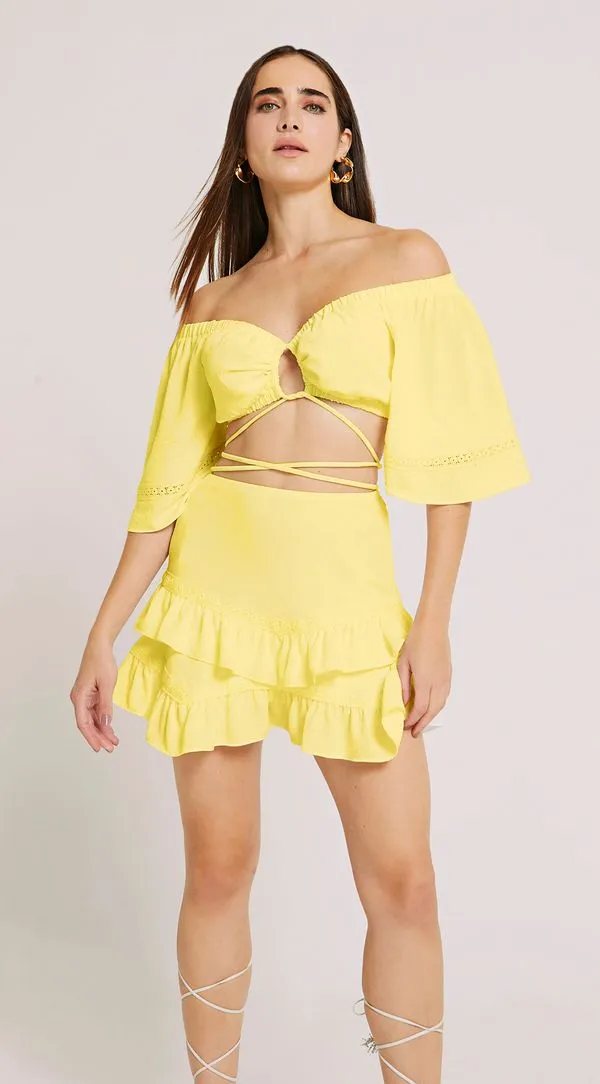 Top Morena Rosa Justo Manga Sino Abertura Frente Amarelo G