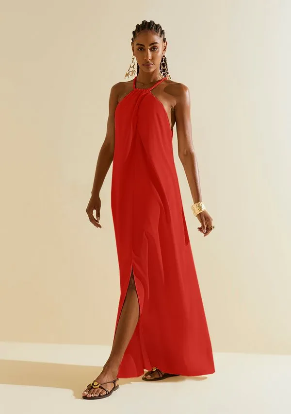 Vestido Morena Rosa Ajustado Decote V Sem Manga Midi Vermelho G