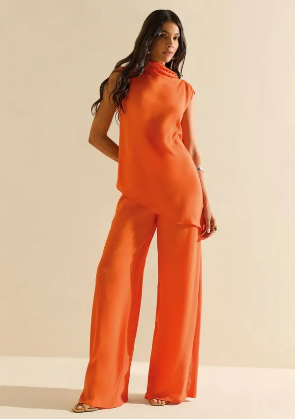 Calça Morena Rosa Pantalona Alta Laranja 42