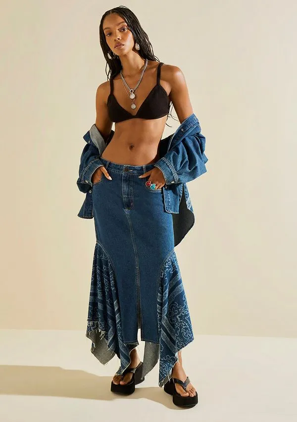 Saia Morena Rosa Evasê Alta Midi Azul 44