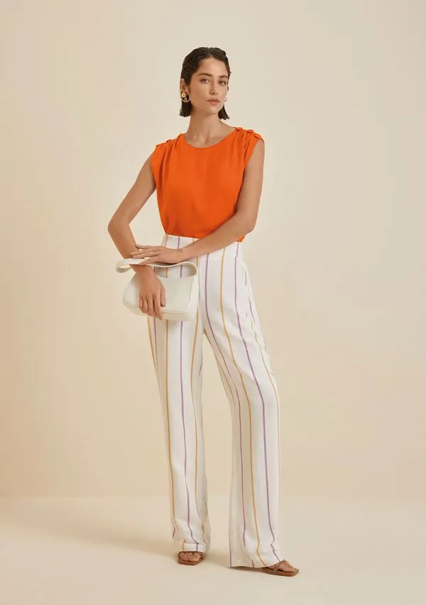 Blusa Morena Rosa Decote Redondo Sem Manga Detalhe Ombro Laranja P