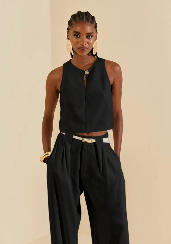 Regata Morena Rosa Ajustada Decote Careca Cropped Preto G