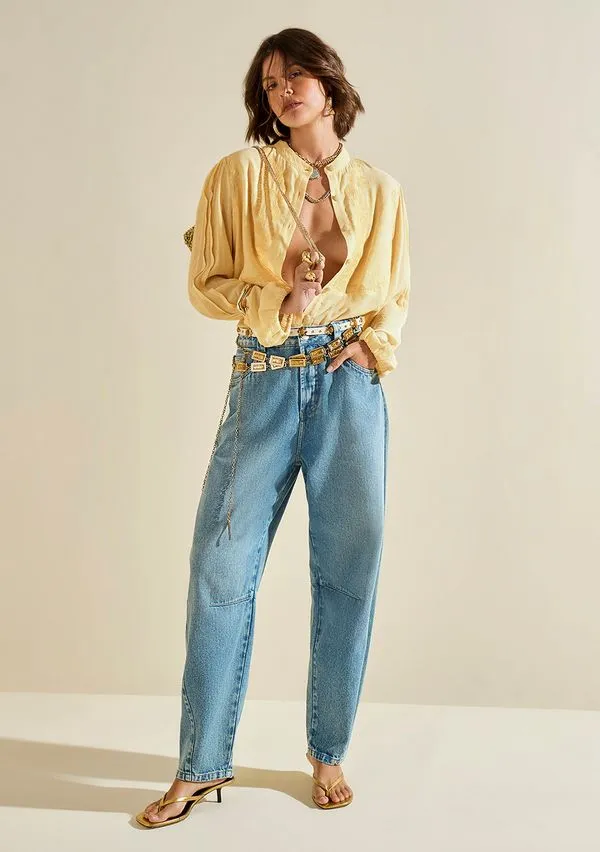Calça Morena Rosa Cenoura Alta Azul 38