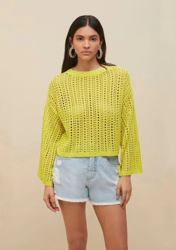 Blusa Morena Rosa Decote Redondo Manga Ampla Tricôt Verde Claro M