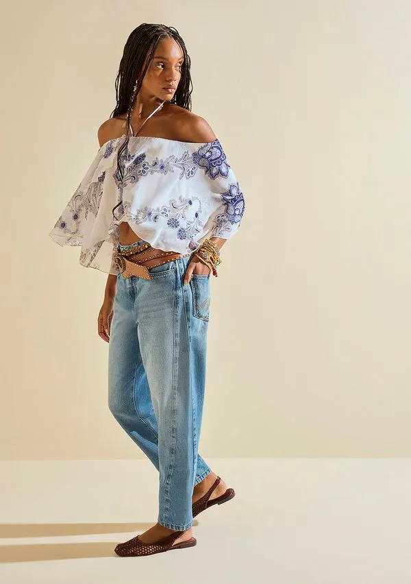 Blusa Morena Rosa Solta Ombro A Ombro Manga Longa Padrão Azul G