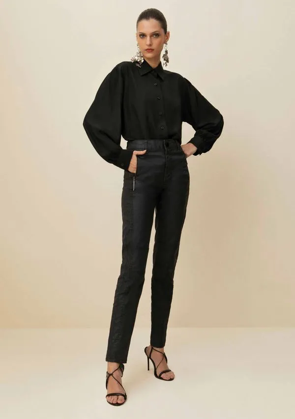 Calça Morena Rosa Skinny Isabelli Cós Alto Detalhe Zíper Preto 46