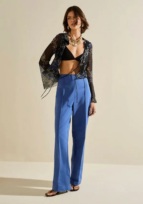Calça Morena Rosa Pantalona Alta Azul 42