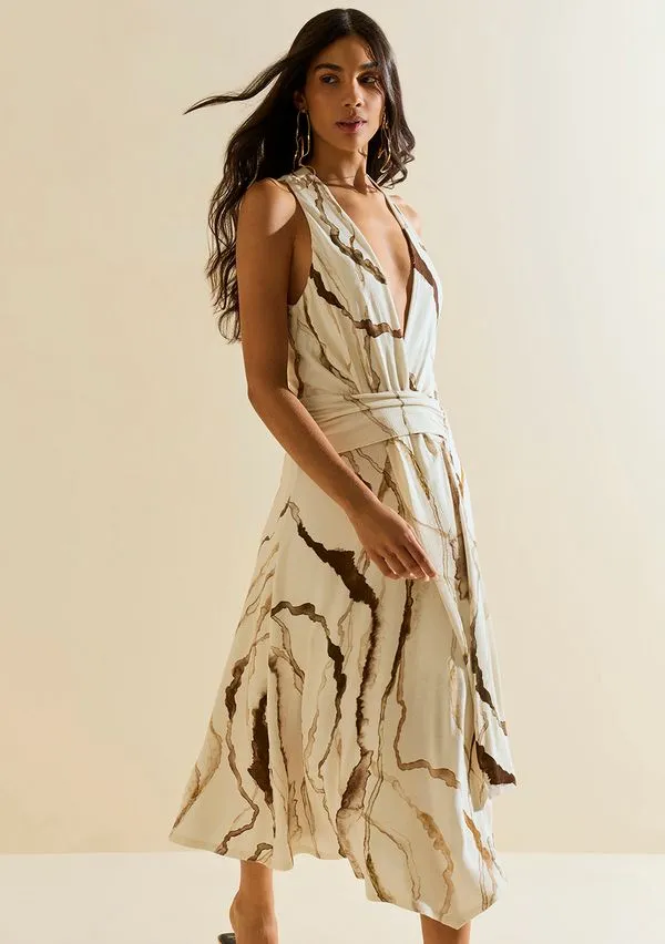 Vestido Morena Rosa Ajustado Decote Transpassado Sem Manga Midi Off White G