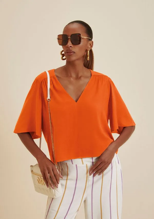 Blusa Morena Rosa Decote V Manga Curta Detalhe Ombro Laranja P