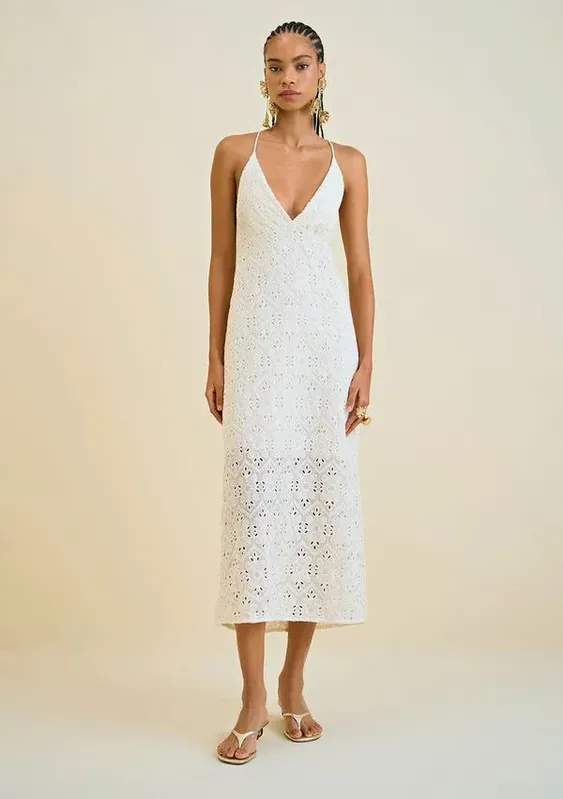 Vestido Morena Rosa Ajustado Decote V Com Alça Midi Bege G