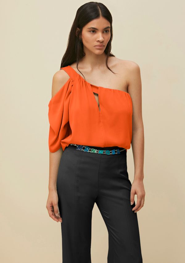 Blusa Morena Rosa Ombro Só Manga Prega Detalhe Decote Laranja M
