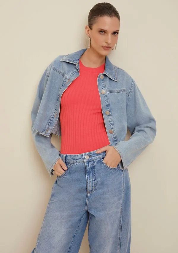Blusa Morena Rosa Decote Redondo Manga Curta Tricôt Laranja G