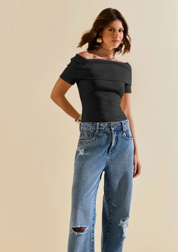 Blusa Morena Rosa Ajustada Ombro A Ombro Sem Alça Padrão Preto P