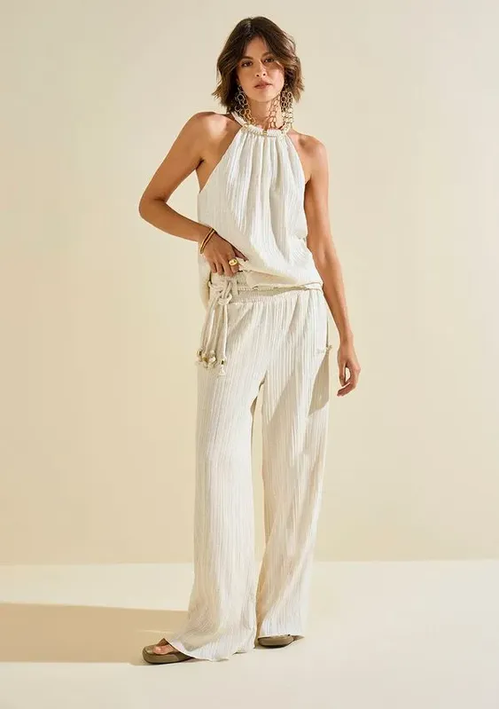 Calça Morena Rosa Pantalona Alta Bege 36