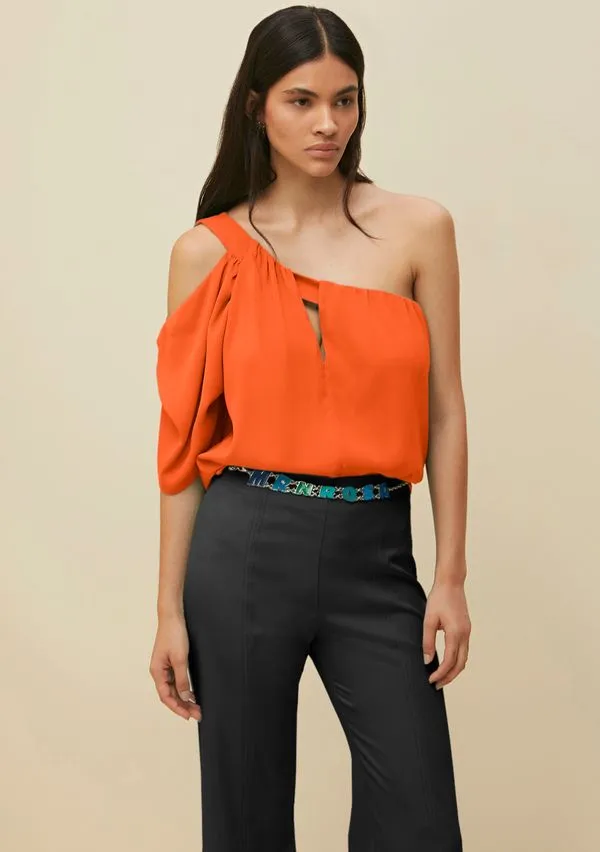Blusa Morena Rosa Ombro Só Manga Prega Detalhe Decote Laranja PP