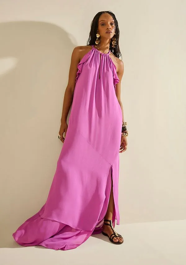 Vestido Morena Rosa Solto Decote V Sem Manga Longo Roxo M