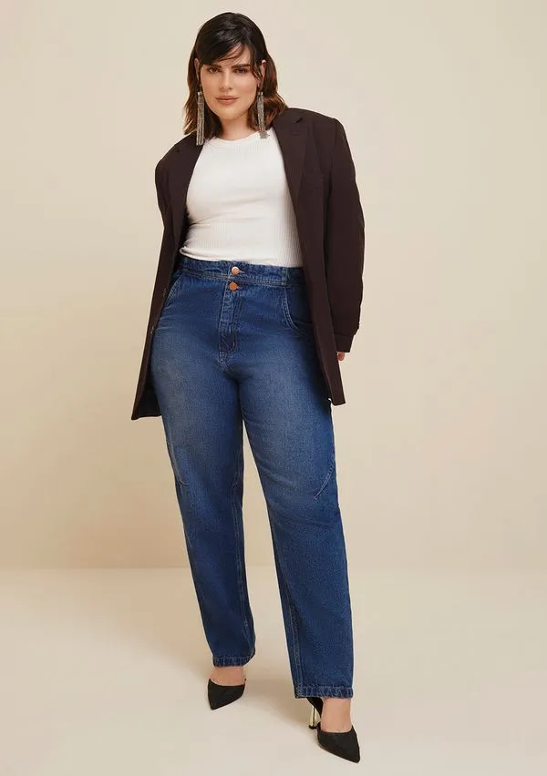 Calça Morena Rosa Mom Luisa Cós Alto Detalhe Botão Jeans 44