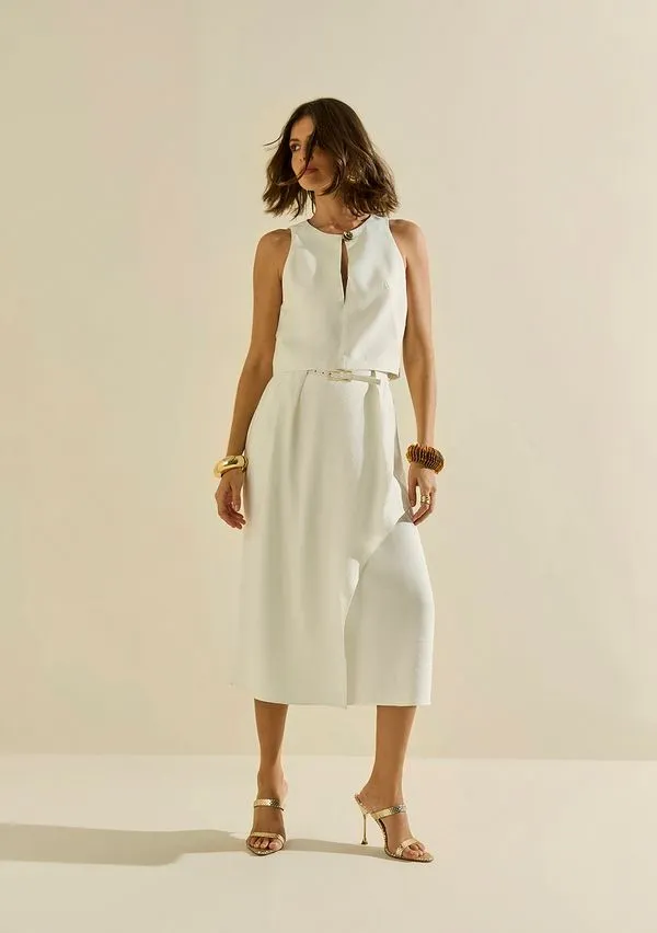 Saia Morena Rosa Evasê Alta Midi Off White 40