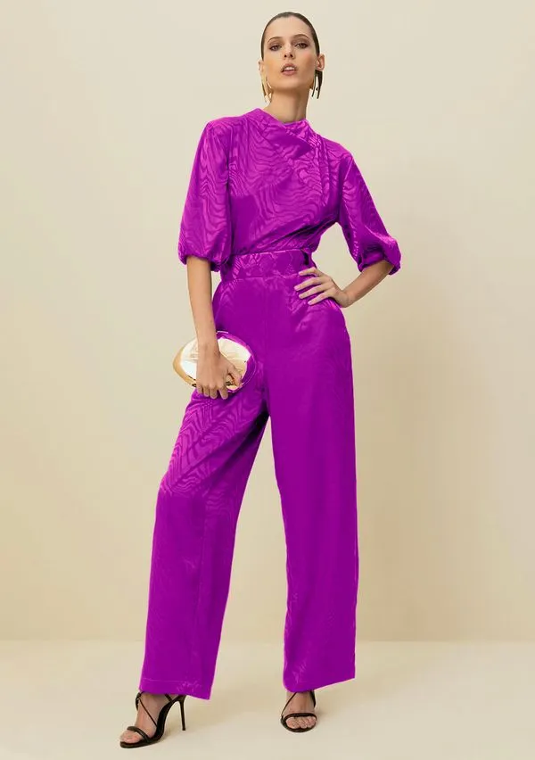 Calca Morena Rosa Reta Cós Alto Detalhe Cós Roxo 42