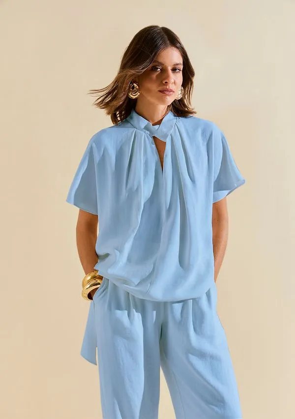 Blusa Morena Rosa Solta Gola Alta Manga Curta Alongada Azul M