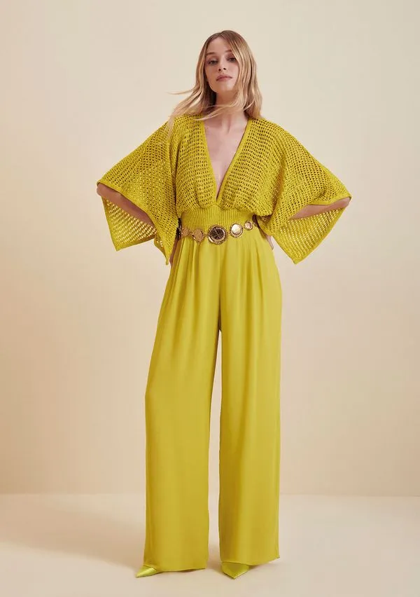 Blusa Morena Rosa Decote V Manga Curta Detalhe Barra Amarelo M