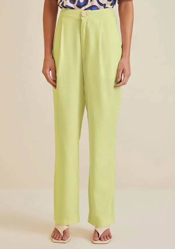 Calça Morena Rosa Reta Cós Alto Detalhe Bolso Verde Claro 44