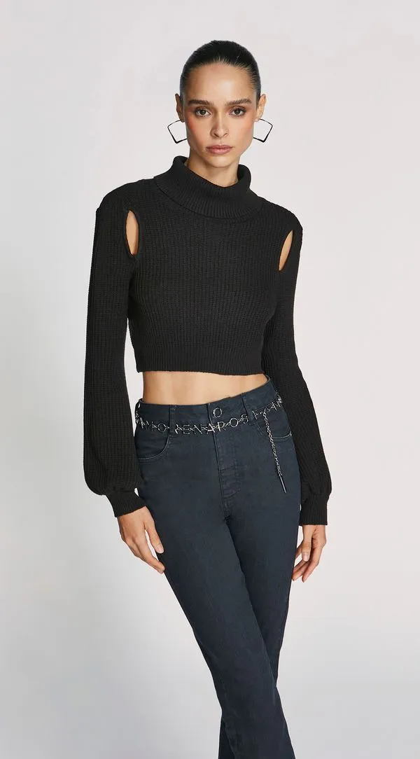 Blusa Morena Rosa Gola Alta Manga Longa Abertura Lateral Preto P