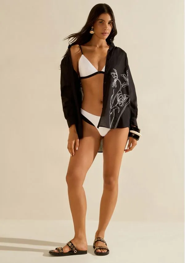 Camisa Morena Rosa Solta Gola Padre Manga Longa Padrão Preto G