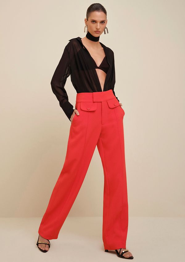 Calça Morena Rosa Alfaiataria Cós Alto Detalhe Lapela Laranja 44