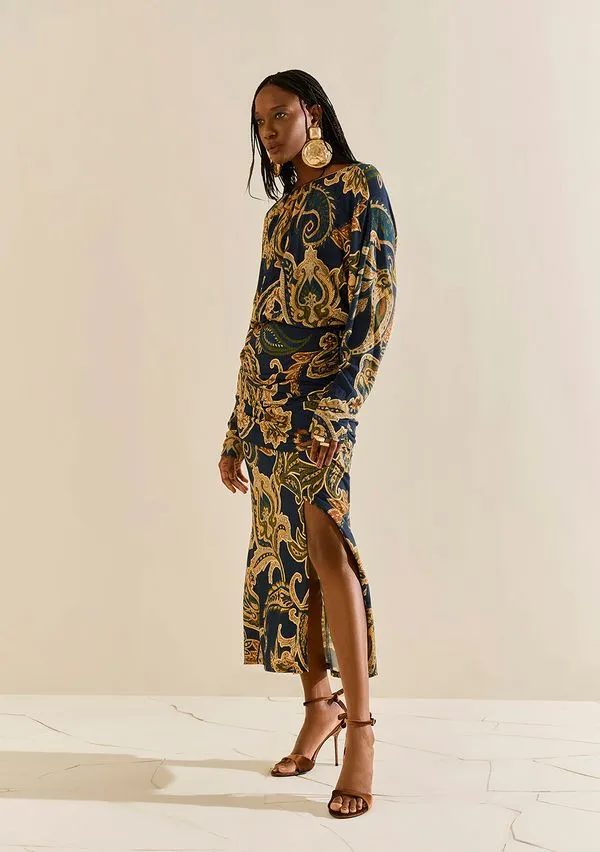 Vestido Morena Rosa Ajustado Decote Careca Manga Longa Midi Azul P
