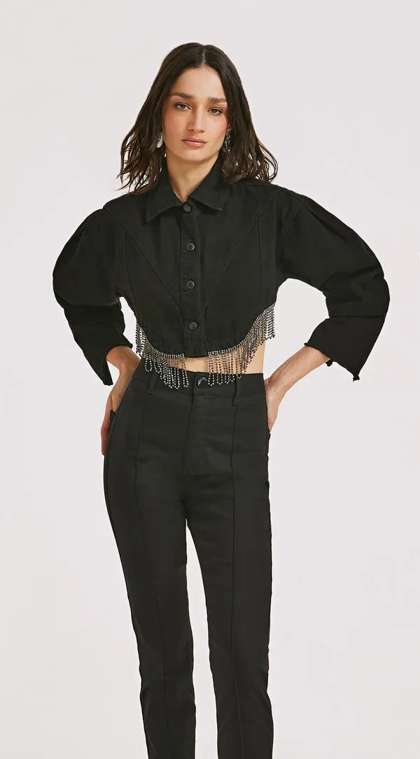 Jaqueta Morena Rosa Cropped Detalhe Franjas Preto PP