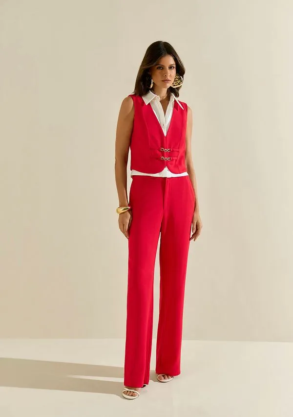 Regata Morena Rosa Ajustada Decote V Cropped Vermelho P