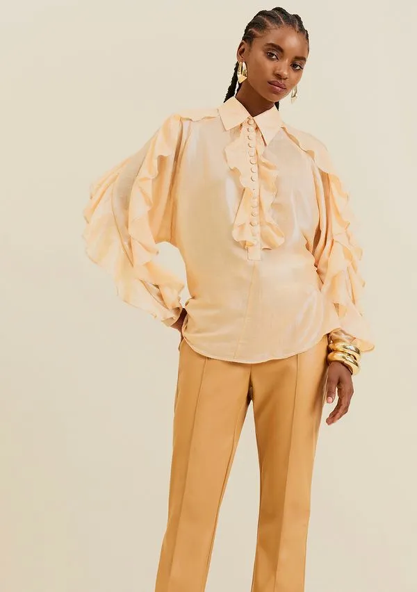 Camisa Morena Rosa Oversized Gola Tradicional Manga Longa Padrão Bege M