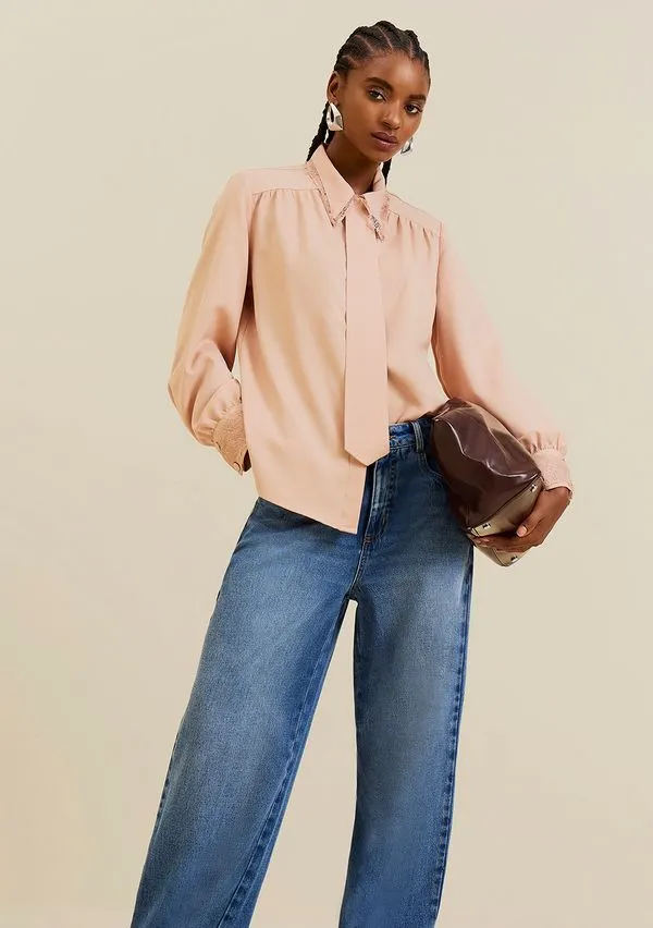 Camisa Morena Rosa Solta Gola Clássica Manga Longa Alongada Bege M