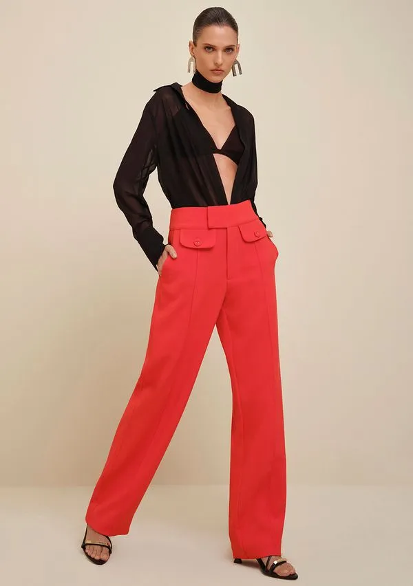 Calça Morena Rosa Alfaiataria Cós Alto Detalhe Lapela Laranja 40