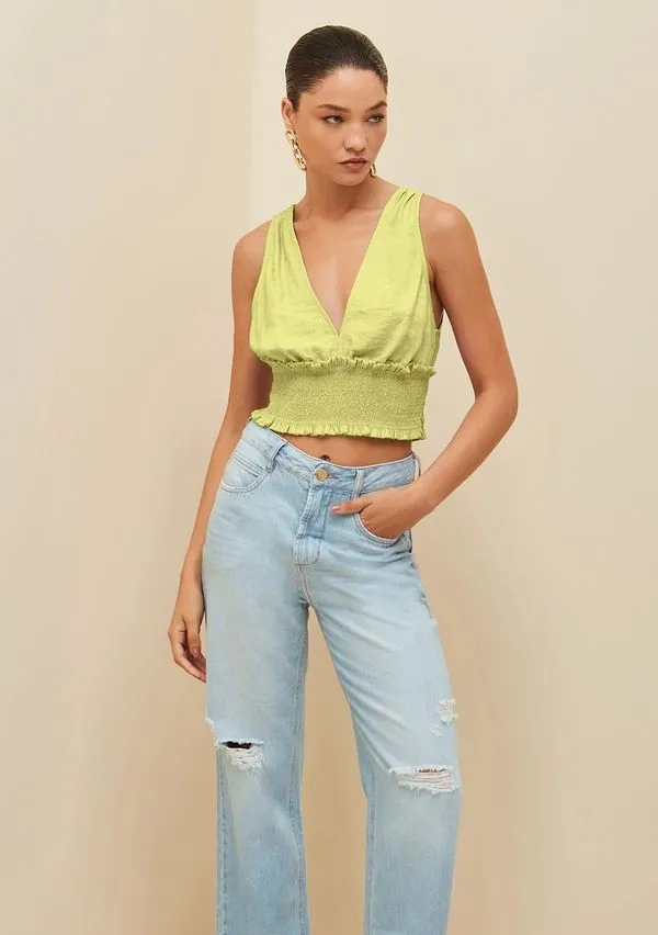 Blusa Morena Rosa Decote V Sem Manga Com Lastex Verde M