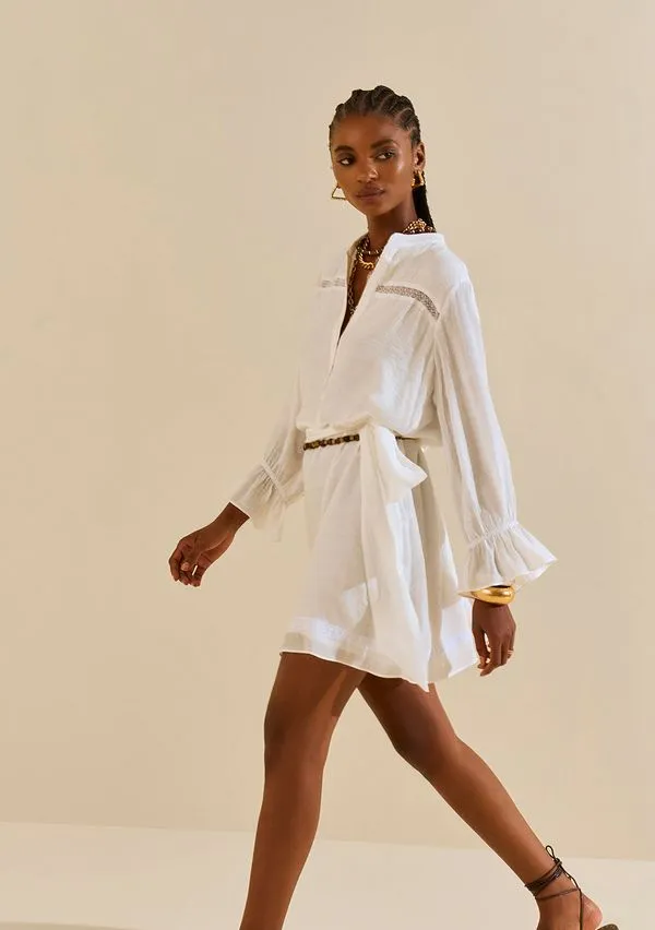 Vestido Morena Rosa Solto Gola Padre Manga Longa Curto Off White M