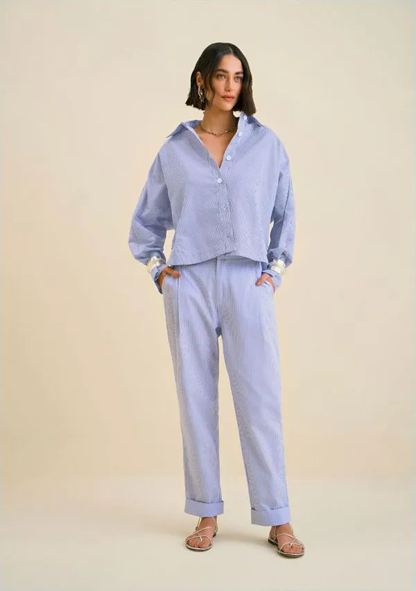 Camisa Morena Rosa Oversized Polo Manga Longa Alongada Azul G