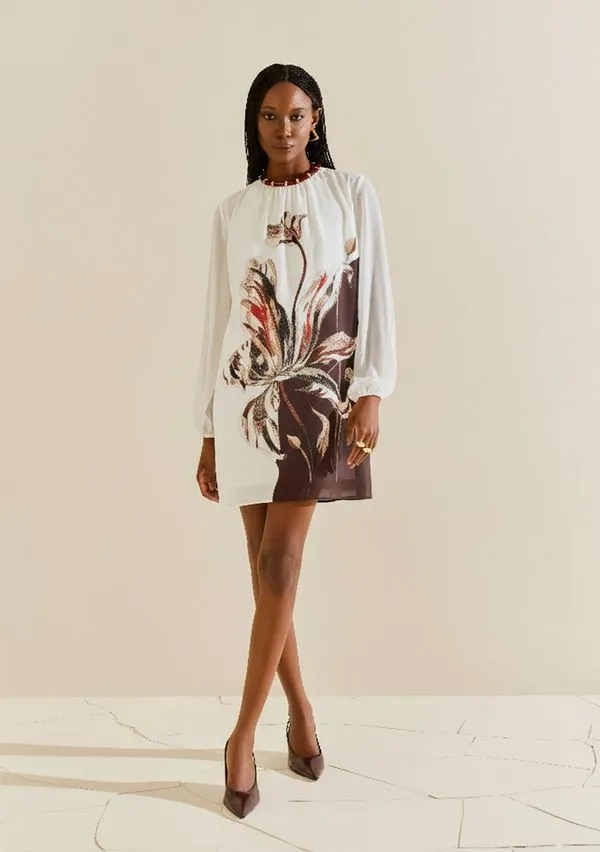 Vestido Morena Rosa Solto Decote Careca Manga Longa Curto Off White M