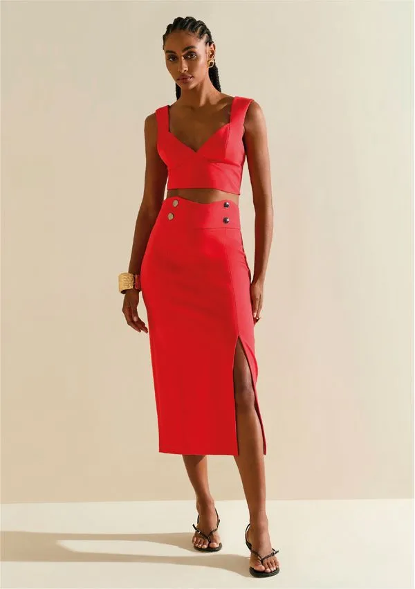 Saia Morena Rosa Reta Alta Midi Vermelho 42