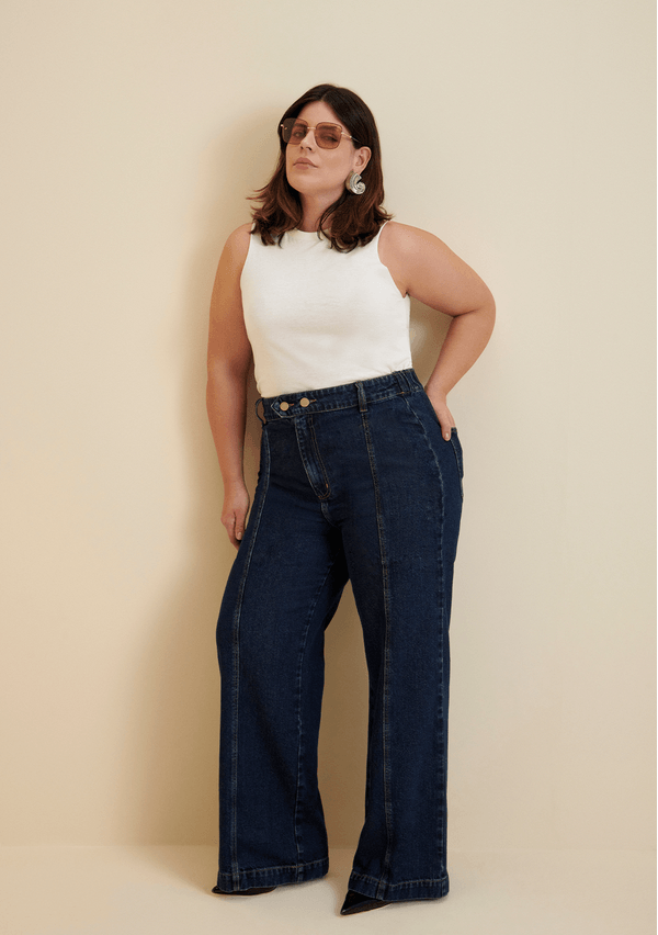 Calça Morena Rosa Wide Leg Thaila Cós Alto Detalhe Cós Jeans 48