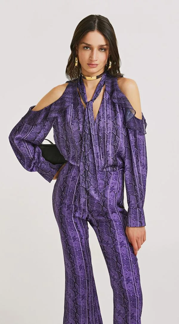 Blusa Morena Rosa Decote V Manga Longa Abertura Ombro Roxo G
