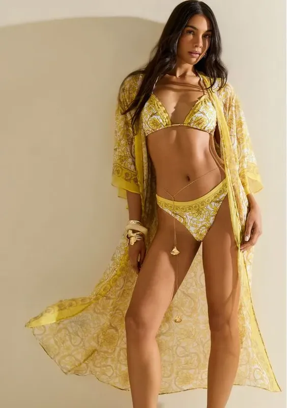 Kaftan Morena Rosa Solto Manga 3 Quartos Padrão Amarelo P