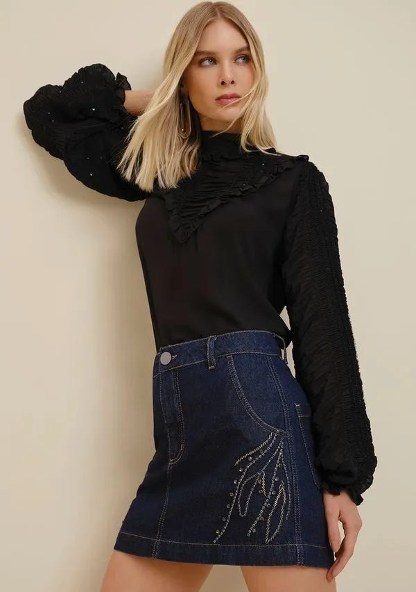 Saia Morena Rosa Curta Five Pockets Com Bordado Jeans 40