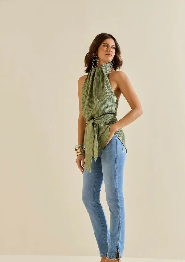 Calça Morena Rosa Skinny Alta Azul 34