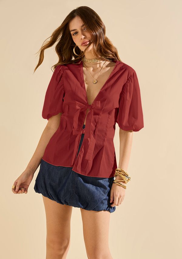 Blusa Morena Rosa Ajustada Decote V Manga Curta Padrão Marrom M